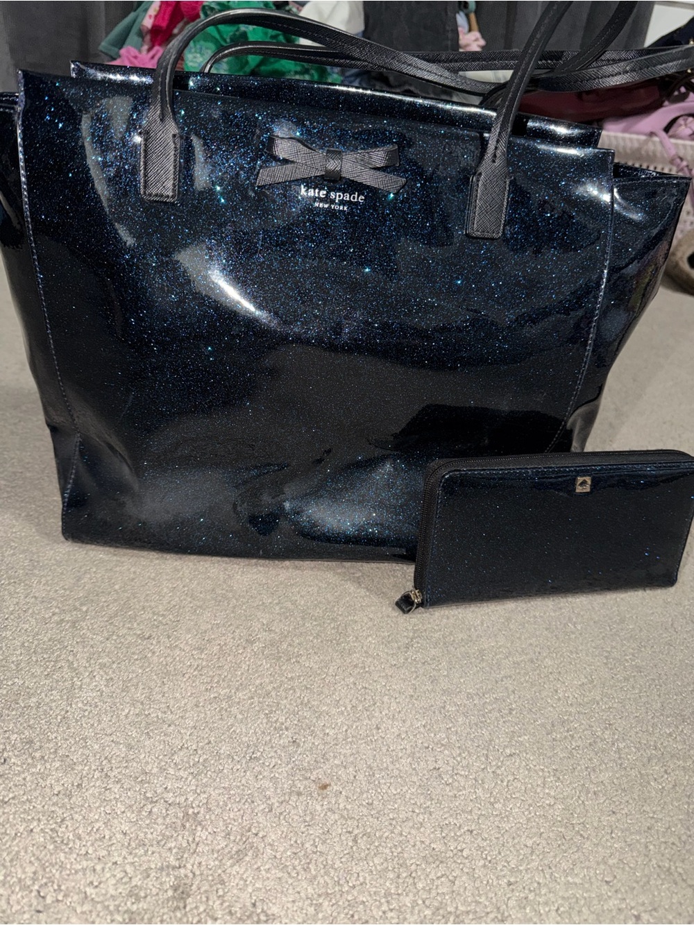 kate spade navy glitter tote with matching wallet